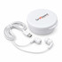 White Type C earbuds with a charging cable, stored in a rounded white case featuring a logo.
