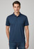 A navy blue men's short sleeve polo shirt with a classic collar, featuring a logo on the chest.