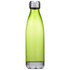 A drink bottle in bright green plastic with a silver base and a silver screw cap. It features a logo.