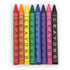 A set of eight vibrant crayon sticks in various colours, including red, orange, yellow, green, blue, purple, pink, and black.
