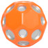 An orange high bounce ball with silver accents and multiple holes, featuring a logo on its surface.