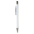 A white stylus pen with a shiny silver tip and clip, featuring a black touch point on the end.