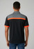 A men's short sleeve polo in black with grey and orange accents, featuring a logo on the back.