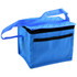 A blue cooler bag with a zippered top and a shoulder strap, featuring a front pocket and a logo.