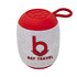 A red and silver Bluetooth speaker with a textured surface and a strap, featuring a logo on the front.