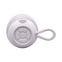A compact white Bluetooth speaker with a textured surface and control buttons on the front, featuring a loop for easy carrying.
