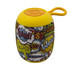 A yellow Bluetooth speaker featuring a colourful comic-themed design with text elements like "Wow" and "Crash".