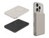 A slim power bank in black and white, designed for magnetic attachment, with ports and indicator lights.