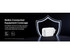 A white, rectangular wall charger with a retractable plug, featuring a logo and equipped with a protective shield design.