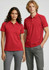 A red women's short sleeve polo shirt with black accents and a logo, displayed on a model.