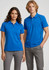 A blue short sleeve polo shirt for men, featuring a logo, styled with grey pants.