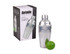A stainless steel cocktail shaker with a clear lid, accompanied by a green lime, placed beside its packaging.
