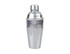 A stainless steel cocktail shaker with a sleek design and a screw-on lid. Features a simple logo.