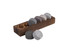 A wooden base holds six whisky discs in various shades of grey and black, designed for chilling drinks.