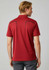A men's short sleeve polo shirt in red, featuring a logo and contrasting detailing on the back.
