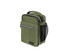 An olive green insulated lunch bag with zippers, a front pocket, and a side mesh pocket. It features a logo.