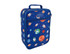 A blue insulated lunch bag featuring a space-themed design with rockets, planets, and stars, complete with a handle and branding.