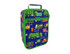 A blue insulated lunch bag featuring various colourful trucks and recycling designs, with a green handle and zipper.