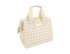A beige and white checked insulated lunch bag with a zip closure and short handles. Features a logo on the side.