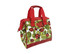 A red insulated lunch bag with a white background featuring green leaves and ladybug prints. It has two sturdy handles.