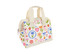 A floral insulated lunch bag in white, featuring colourful flowers and fruit patterns, with sturdy fabric handles.