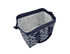 A navy insulated lunch bag with a geometric pattern and grey interior, featuring sturdy handles and a zip closure.