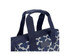 An insulated lunch bag featuring a navy and white patterned design, with sturdy handles and a branded logo.