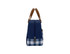 A navy insulated lunch bag with a checkered pattern and brown straps, featuring a branding logo.