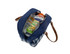 A blue and white checkered insulated lunch bag with a brown strap, filled with drinks and snacks.