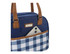 A patterned insulated lunch bag in blue with brown accents, featuring a front pocket holding a smartphone.