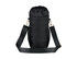 A drink bottle bag in black, featuring a drawstring top and a shoulder strap with a logo.