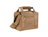 A tan insulated cooler bag with adjustable shoulder straps and a zipper closure, featuring a logo on the strap.