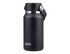 A drink bottle in matte black with a silver handle and a logo, featuring a compact design.