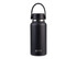 A drink bottle in matte black with a stainless steel rim and a carry handle, featuring a logo.