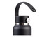 A drink bottle in matte black with a silver band and a black carry strap. It features a round lid with a logo.