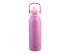 A drink bottle in vibrant pink with a dual spout and ceramic lining, featuring a handle and a logo.