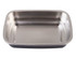 A rectangular stainless steel container in silver, suitable for microwave use, with a smooth interior finish.