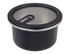 A round, black stainless steel container with a clear lid, featuring a logo on the side.