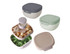 A set of four salad bowls in varying colours, featuring a compartmentalised design and a lid with a logo.