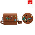 A brown briefcase featuring various decorative patches and an adjustable strap, with a branding logo on the side.