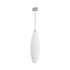 A milk frother in white with a stainless steel whisk and a decorative handle. It has a sleek, modern design.