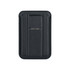 A black PU magnetic card holder featuring a slim design with a built-in phone stand and a metallic clip.
