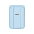 A light blue PU magnetic card holder with a phone stand, featuring a sleek design and a metal clasp.