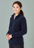 A women's plain micro fleece jacket in navy blue, featuring a zip front and a high collar, displayed on a model.