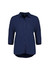 A navy women's blouse with 3/4 sleeves and a button-up front. Features a collar and a relaxed fit.