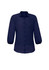 Navy women's blouse with 3/4 sleeves and a button-up front design. Features a collar and gathered sleeve details.