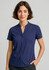 A navy short sleeve blouse with a mandarin collar and a front placket. The model is smiling, showcasing the fit.