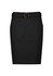 A black women's mid-waist stretch chino skirt featuring a belt with a circular buckle design.