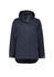A women's Melbourne Comfort Jacket in navy, featuring a hood and front buttons, with a logo on the sleeve.
