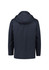 A dark navy men's jacket with a hood, featuring a minimalist design and a subtle logo on the back.